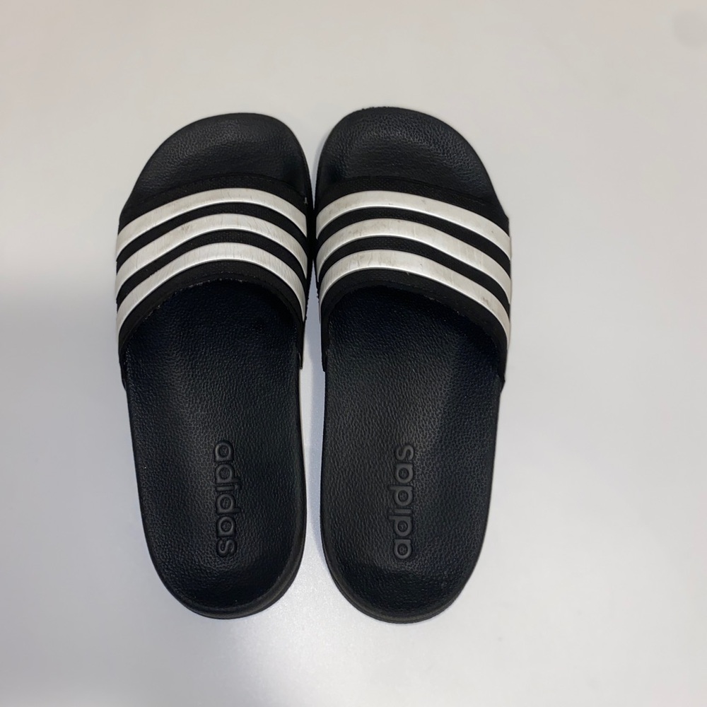 Adidas Black Slides with White Stripes